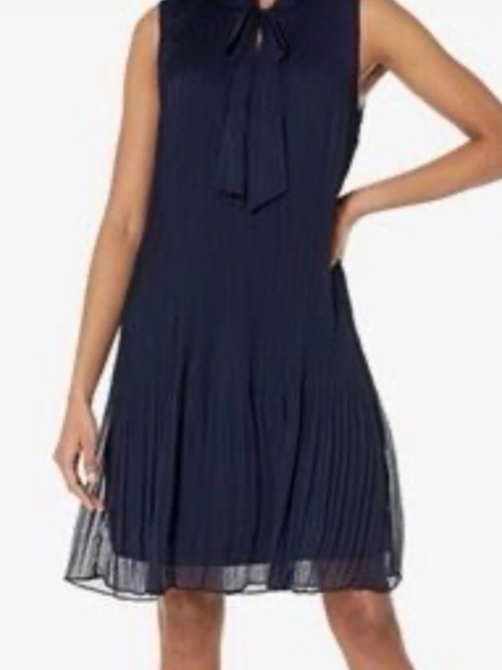 DKNY Navy Sleeveless Tie-Neck Pleated Midi Dress, Size 10